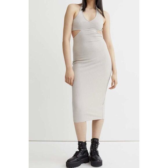 Divided H&M Beige Ribbed Halterneck Dress Sz XS Midi Fitted Open Back V-Neck NEW - Picture 3 of 12
